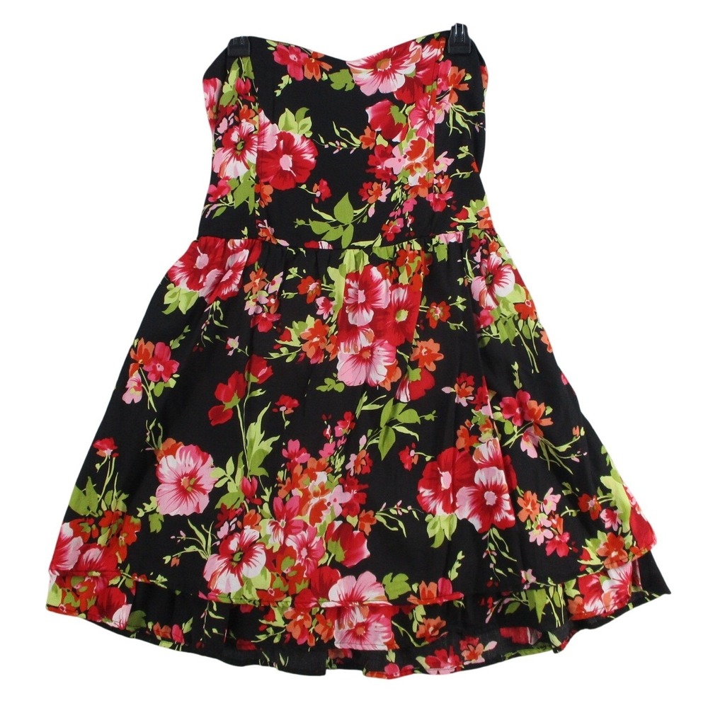 Floral Strapless Sweetheart Mini Dress Black Red Pink Ruffle Hem Tiered Summer L